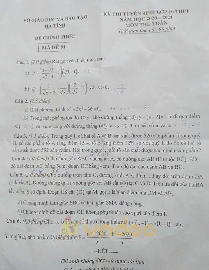 Đáp án đề thi tuyển sinh lớp 10 môn Toán tỉnh Hà Tĩnh năm 2020