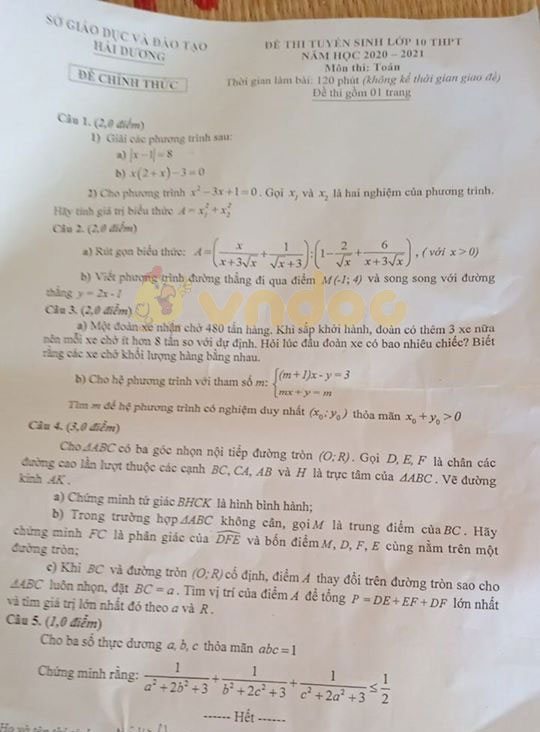 Đáp án đề thi tuyển sinh lớp 10 môn Toán tỉnh Hải Dương năm 2020