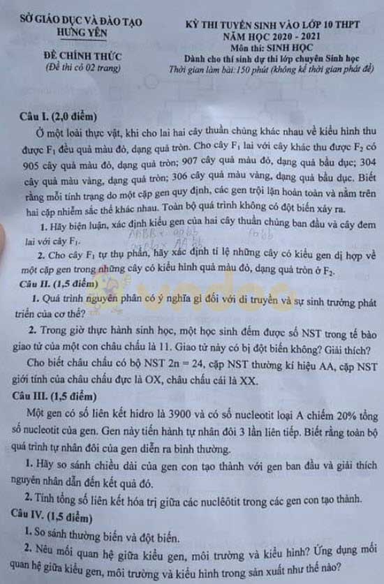 Đề thi tuyển sinh vào lớp 10 môn Sinh chuyên năm 2020 Sở GD&ĐT Hưng Yên