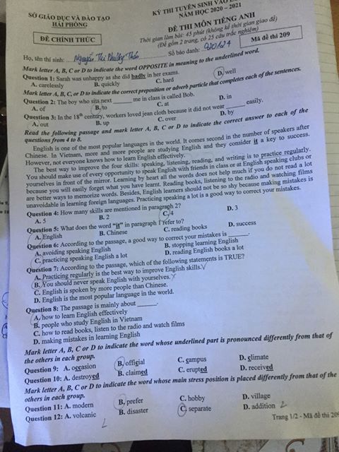 Đáp án Đề thi tuyển sinh lớp 10 môn Anh Hải Phòng năm 2020