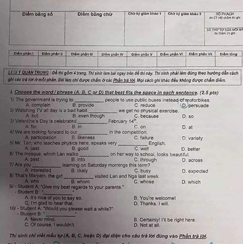 Đáp án đề thi tuyển sinh lớp 10 môn Anh TPHCM 2020