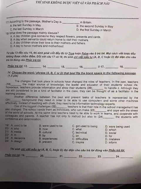 Đáp án đề thi tuyển sinh lớp 10 môn Anh TPHCM 2020