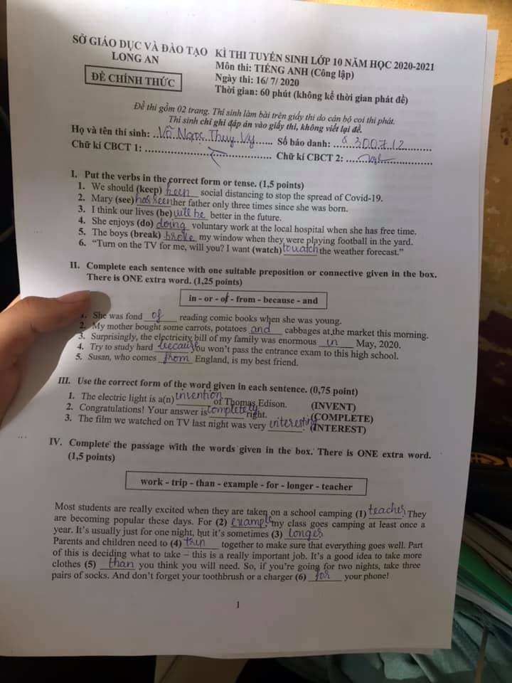 Đáp án Đề thi tuyển sinh lớp 10 môn Anh Long An năm 2020