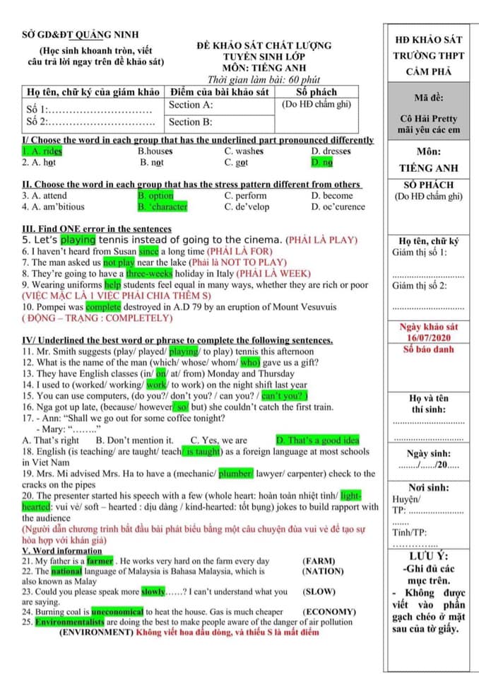 Đáp án Đề thi tuyển sinh lớp 10 môn Anh Quảng Ninh năm 2020
