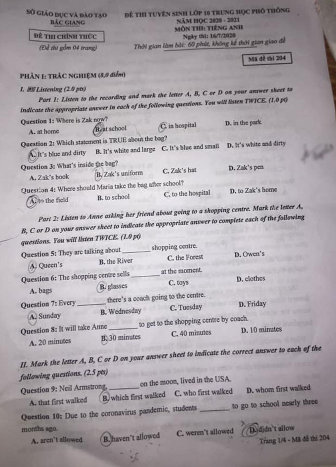Đáp án Đề thi tuyển sinh lớp 10 môn Anh Bắc Giang năm 2020