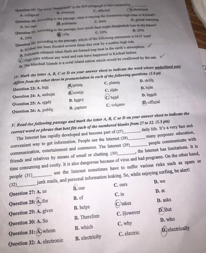 Đáp án Đề thi tuyển sinh lớp 10 môn Anh Bắc Giang năm 2020