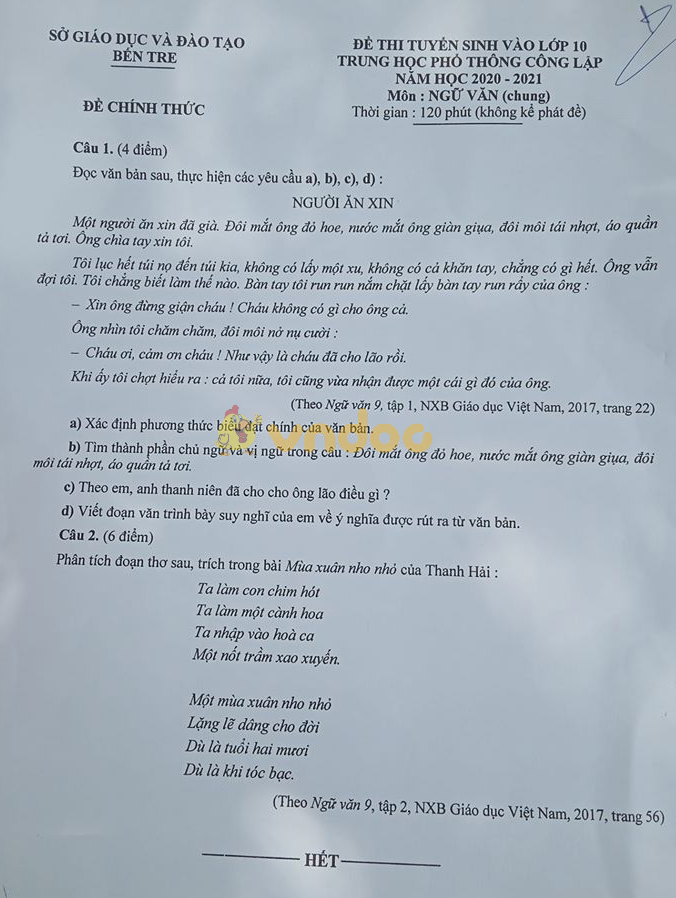 Đề thi tuyển sinh vào lớp 10 môn Văn tỉnh Bến Tre