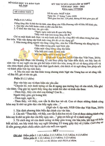 Đề thi tuyển sinh lớp 10 môn Văn Sở GD&ĐT Hà Nội năm 2020