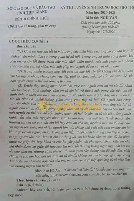 Đề thi tuyển sinh lớp 10 môn Văn Sở GD&ĐT Tiền Giang năm 2020