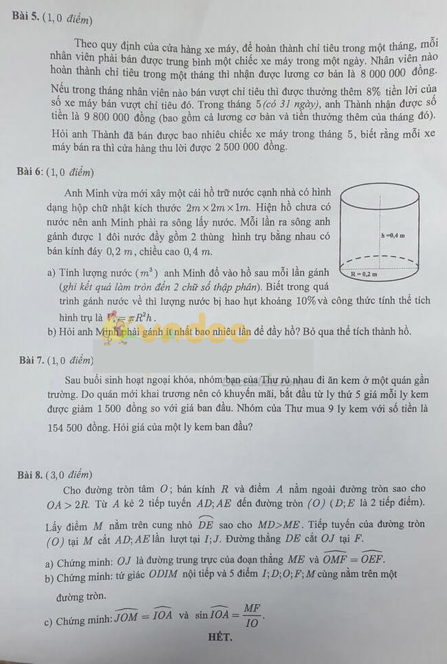 Đáp án đề thi tuyển sinh lớp 10 môn Toán TP. HCM năm 2020