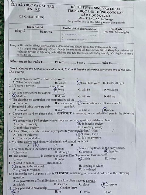 Đáp án Đề thi tuyển sinh lớp 10 môn Anh Bến Tre năm 2020