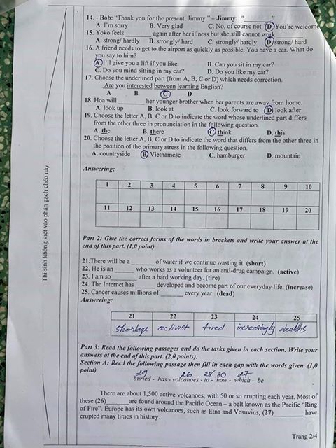 Đáp án Đề thi tuyển sinh lớp 10 môn Anh Bến Tre năm 2020