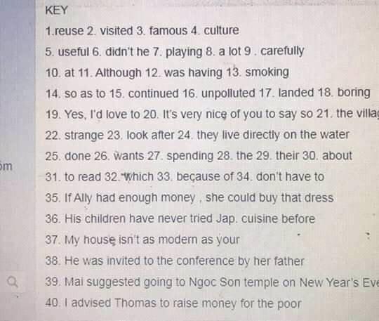 Đáp án Đề thi tuyển sinh lớp 10 môn Anh Hà Nội năm 2020