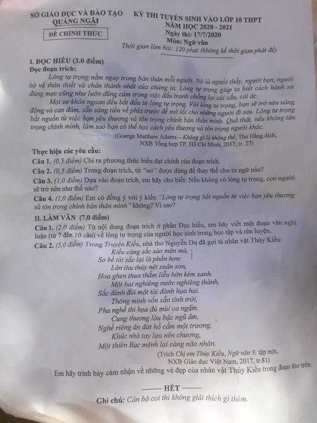 Đáp án đề thi tuyển sinh lớp 10 môn Văn tỉnh Quảng Ngãi năm 2020