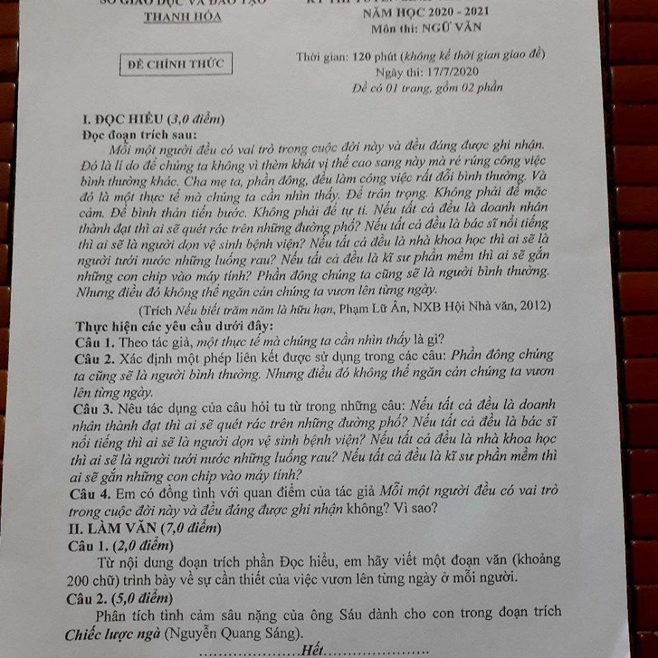 Đáp án đề thi vào 10 môn Ngữ Văn tỉnh Thanh hóa 2020