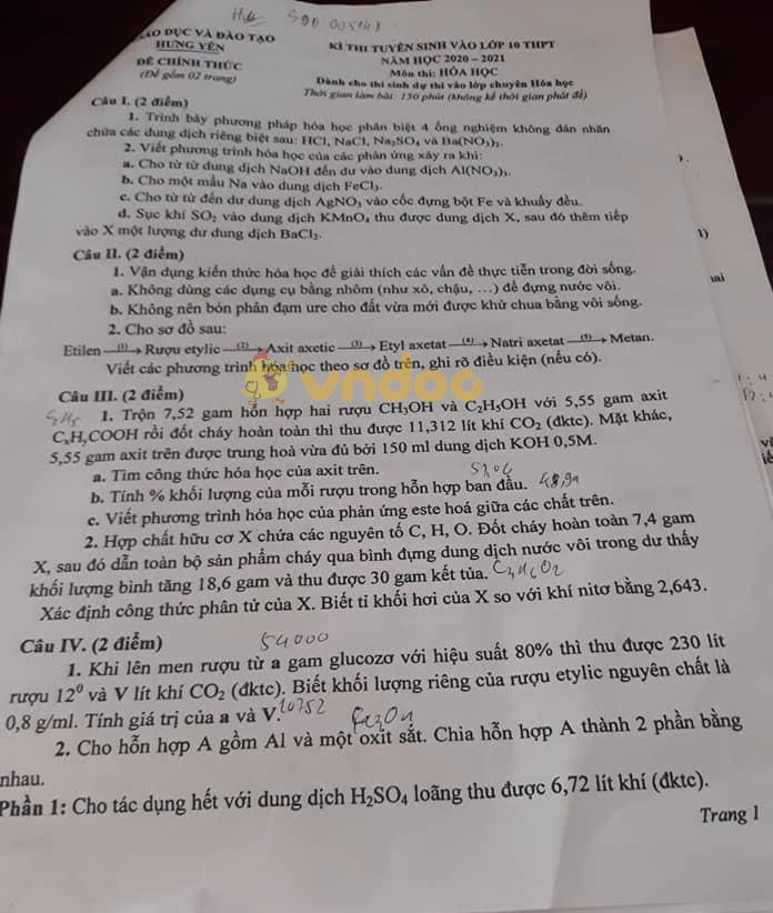 Đáp án đề thi tuyển sinh 10 Chuyên Hóa tỉnh Hưng Yên năm 2020 