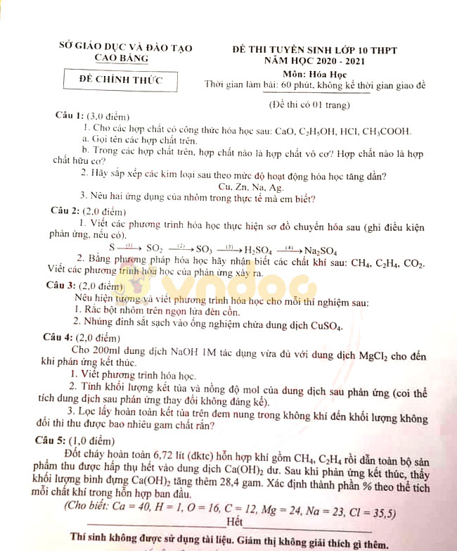 Đáp án đề thi tuyển sinh lớp 10 môn Hóa tỉnh Cao Bằng năm 2020