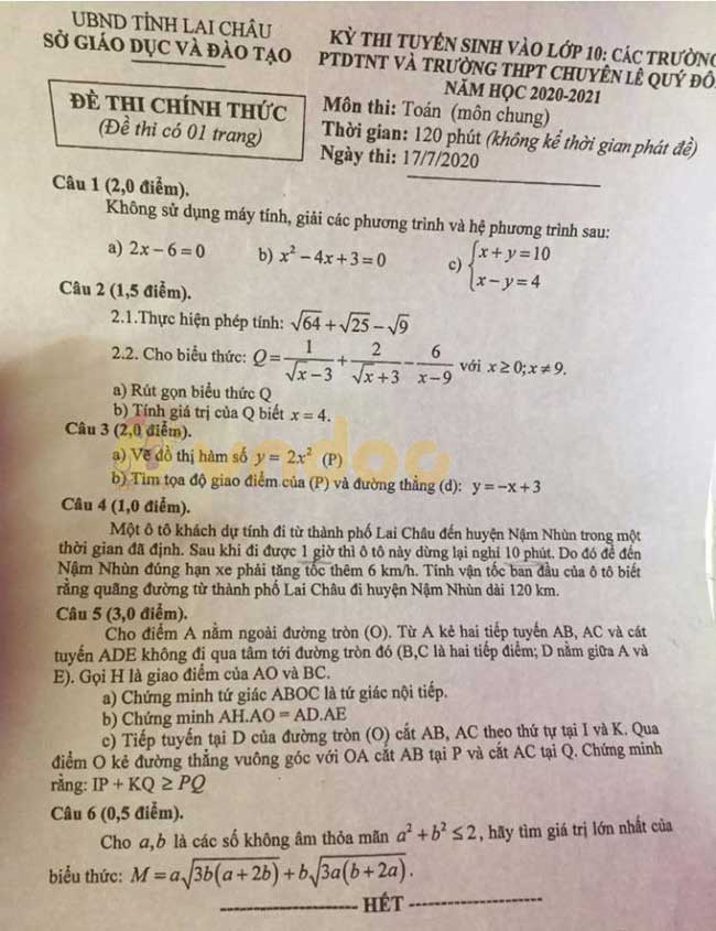Đề thi tuyển sinh lớp 10 môn Toán chuyên năm 2020 Sở GD&ĐT Lai Châu