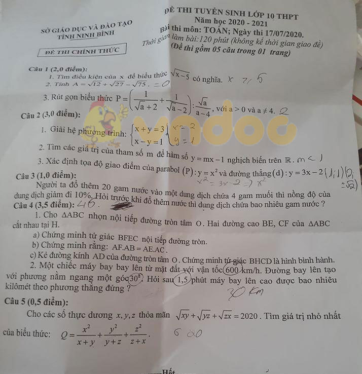 Đáp án đề thi tuyển sinh lớp 10 môn Toán tỉnh Ninh Bình năm 2020