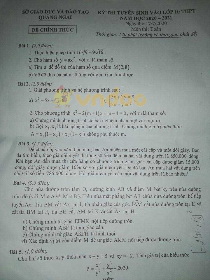 Đáp án đề thi tuyển sinh lớp 10 môn Toán tỉnh Quảng Ngãi năm 2020