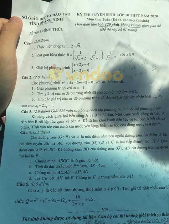 Đáp án đề thi tuyển sinh lớp 10 môn Toán tỉnh Quảng Ninh năm 2020