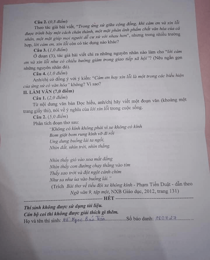 Đề thi tuyển sinh lớp 10 môn Văn Sở GD&ĐT Tiền Giang năm 2020