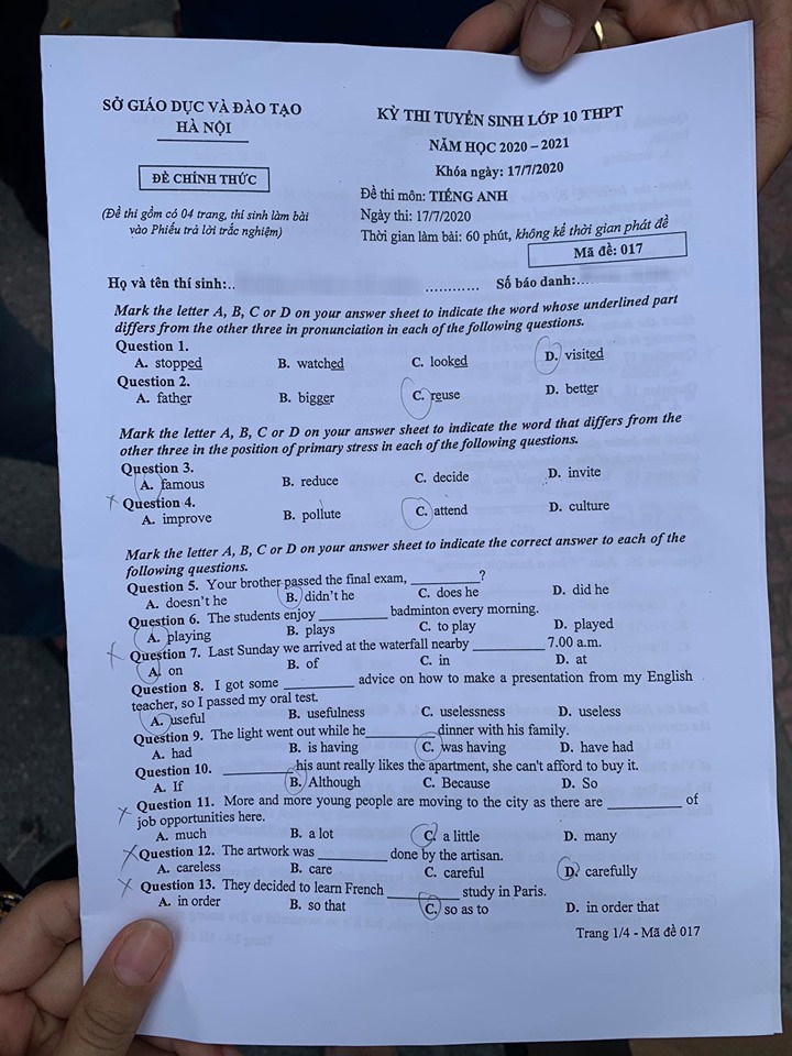 Đáp án Đề thi tuyển sinh lớp 10 môn Anh Hà Nội năm 2020