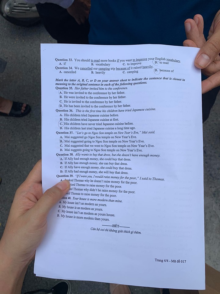 Đáp án Đề thi tuyển sinh lớp 10 môn Anh Hà Nội năm 2020
