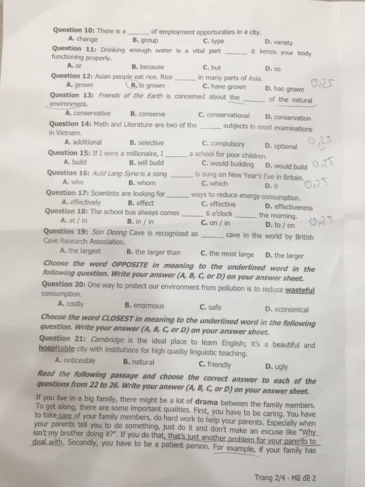 Đáp án Đề thi tuyển sinh lớp 10 môn Anh Khánh Hòa năm 2020