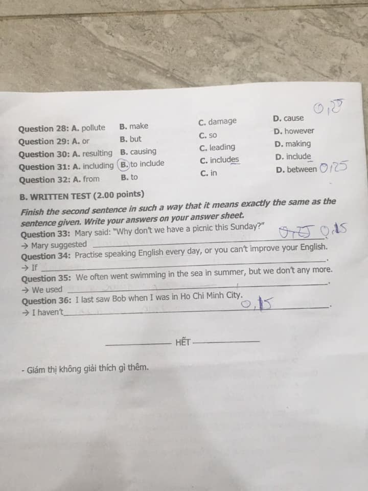 Đáp án Đề thi tuyển sinh lớp 10 môn Anh Khánh Hòa năm 2020