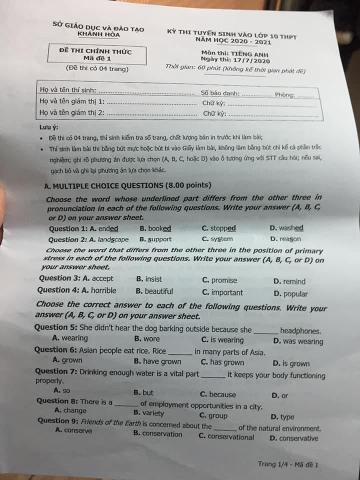 Đáp án Đề thi tuyển sinh lớp 10 môn Anh Khánh Hòa năm 2020
