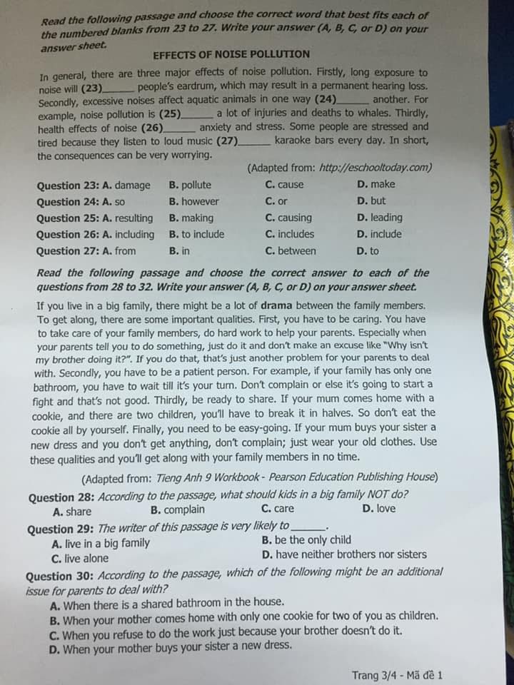 Đáp án Đề thi tuyển sinh lớp 10 môn Anh Khánh Hòa năm 2020