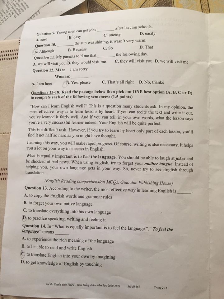 Đáp án Đề thi tuyển sinh lớp 10 môn Anh Tiền Giang năm 2020