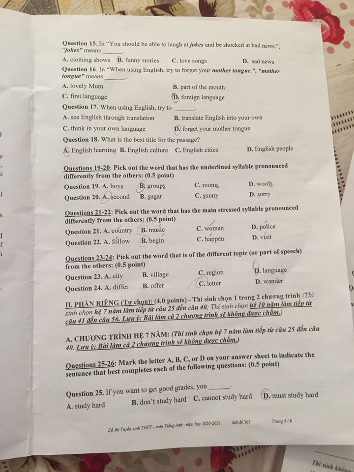 Đáp án Đề thi tuyển sinh lớp 10 môn Anh Tiền Giang năm 2020