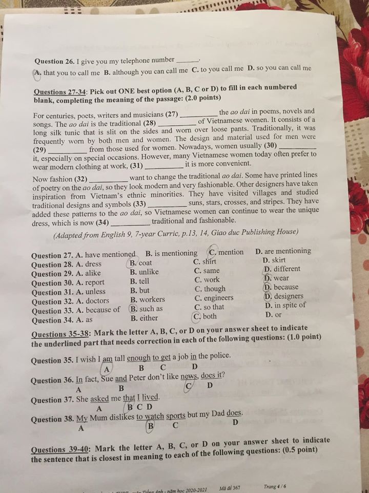 Đáp án Đề thi tuyển sinh lớp 10 môn Anh Tiền Giang năm 2020