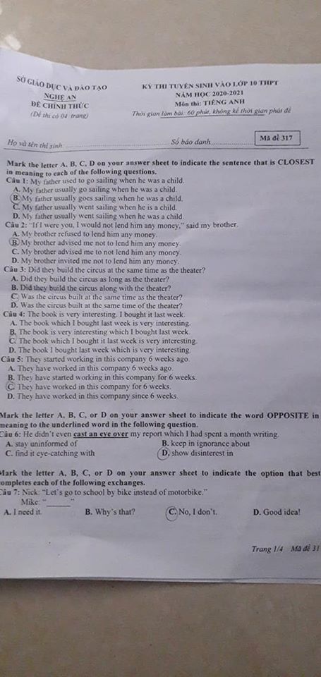 Đáp án Đề thi tuyển sinh lớp 10 môn Anh Nghệ An năm 2020