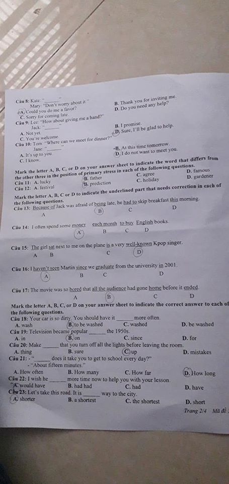 Đáp án Đề thi tuyển sinh lớp 10 môn Anh Nghệ An năm 2020
