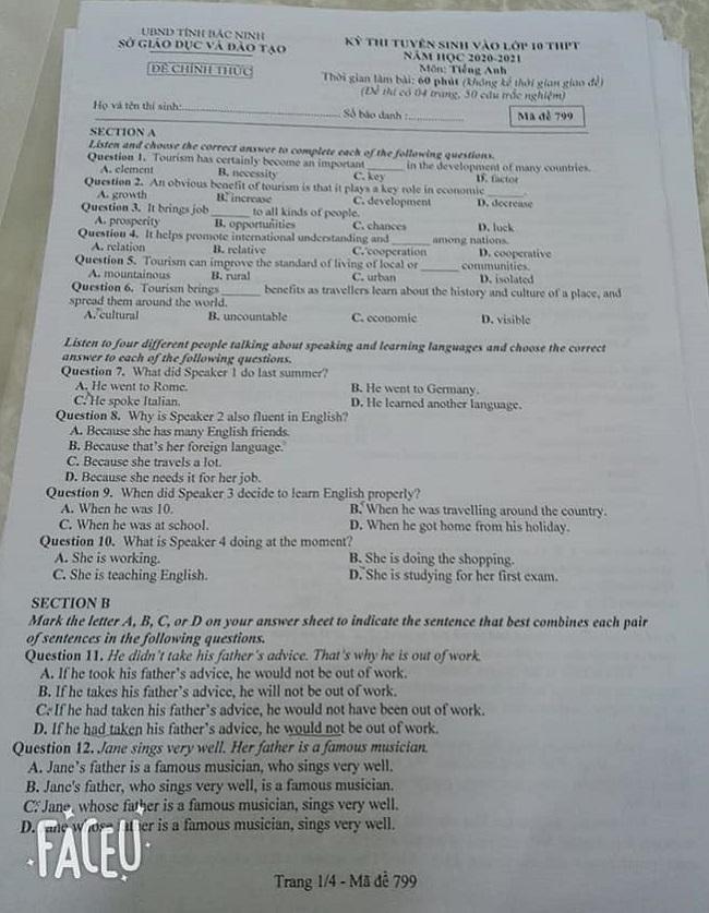 Đề thi vào lớp 10 môn Anh Bắc Ninh năm 2020 chính thức