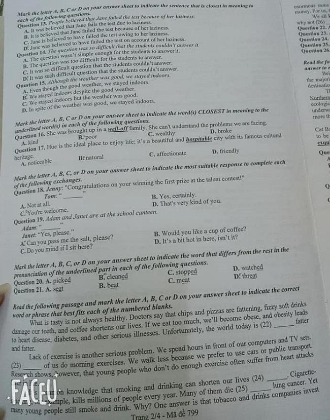 Đề thi vào lớp 10 môn Anh Bắc Ninh năm 2020 chính thức