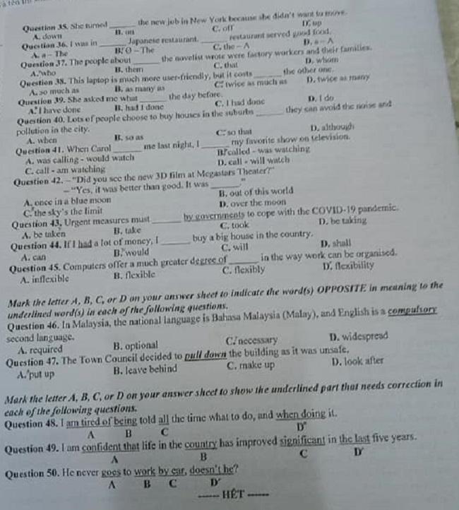 Đề thi vào lớp 10 môn Anh Bắc Ninh năm 2020 chính thức