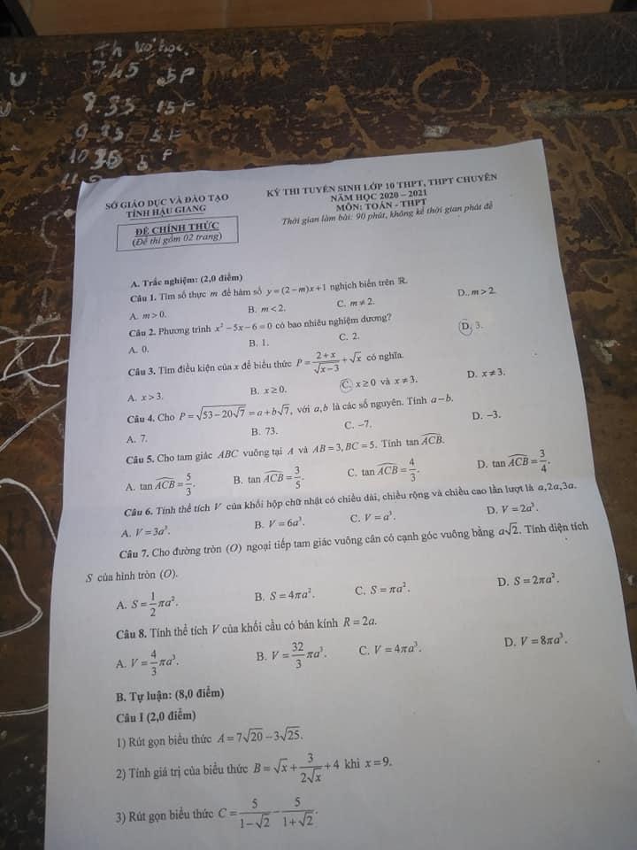 Đáp án đề thi tuyển sinh lớp 10 môn Toán tỉnh Hậu Giang năm 2020