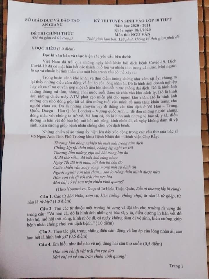 Đáp án đề thi tuyển sinh lớp 10 môn Văn tỉnh An Giang năm 2020