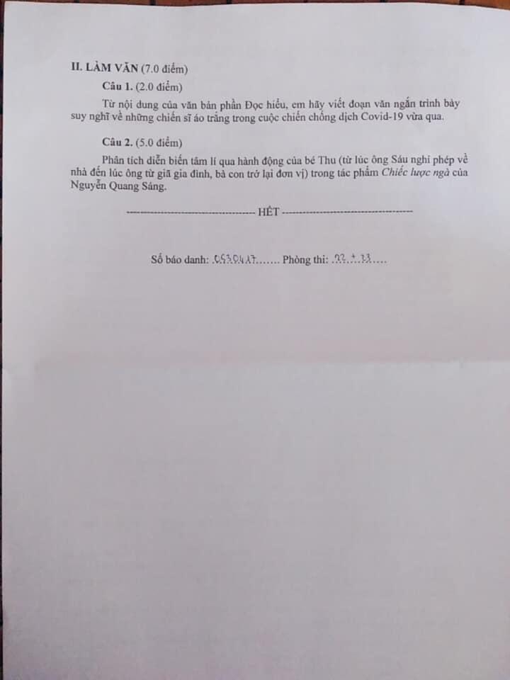 Đáp án đề thi tuyển sinh lớp 10 môn Văn tỉnh An Giang năm 2020