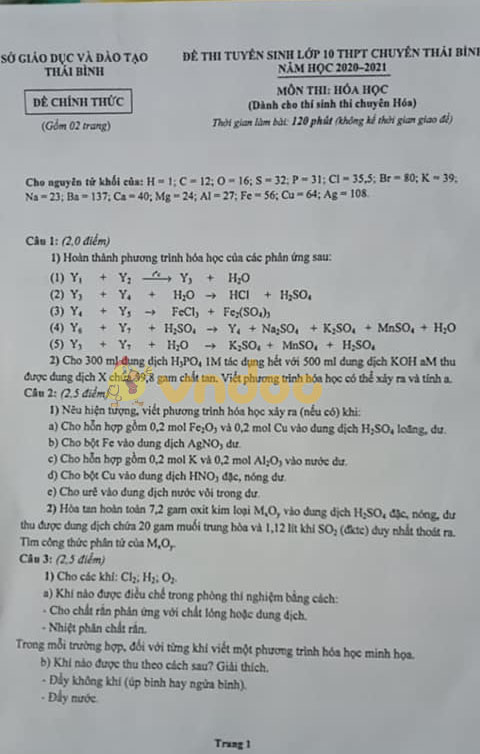 Đáp án đề thi tuyển sinh lớp 10 chuyên Hóa tỉnh Hòa Bình