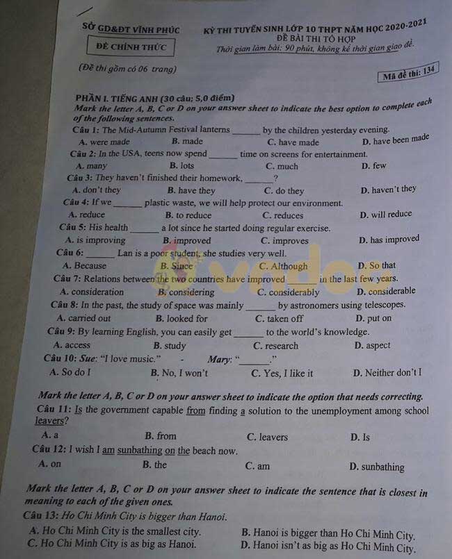 Đáp án đề thi tuyển sinh lớp 10 môn Tổ hợp tỉnh Vĩnh Phúc năm 2020