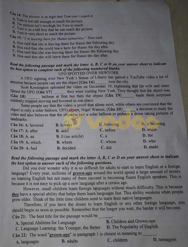 Đáp án đề thi tuyển sinh lớp 10 môn Tổ hợp tỉnh Vĩnh Phúc năm 2020