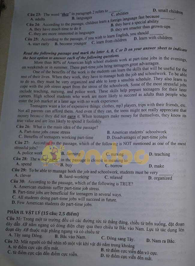 Đáp án đề thi tuyển sinh lớp 10 môn Tổ hợp tỉnh Vĩnh Phúc năm 2020
