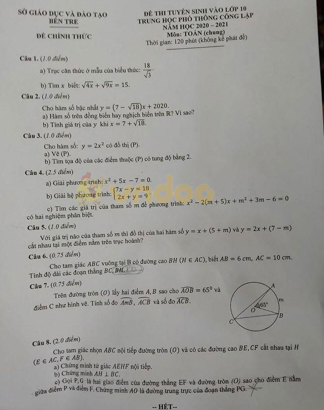 Đáp án đề thi tuyển sinh lớp 10 môn Toán Bến Tre năm 2020