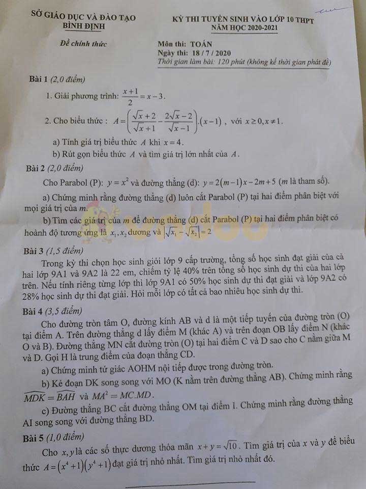 Đáp án đề thi tuyển sinh lớp 10 môn Toán Bình Định năm 2020