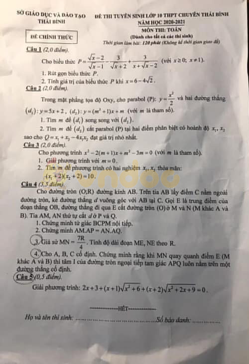 Đáp án đề thi tuyển sinh lớp 10 môn Toán chuyên năm 2020 tỉnh Thái Bình